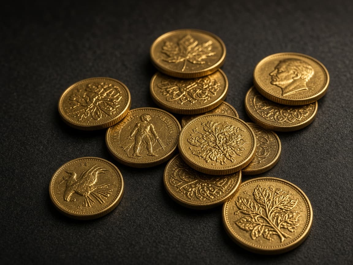 Gold coins arranged on a jewellery counter