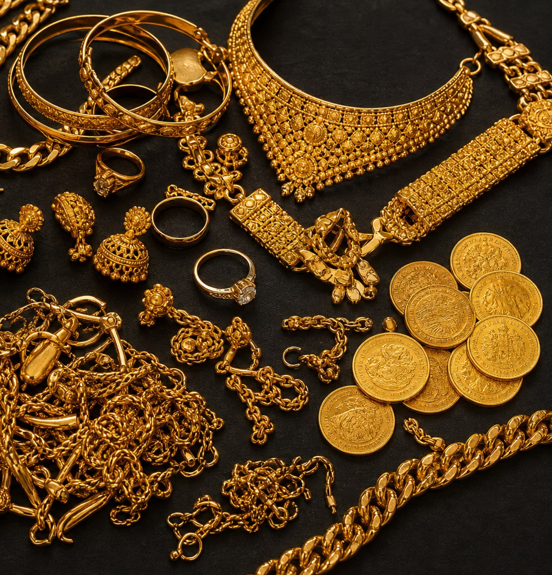 Gold jewellery, chains and coins ready for a Hatton Garden valuation